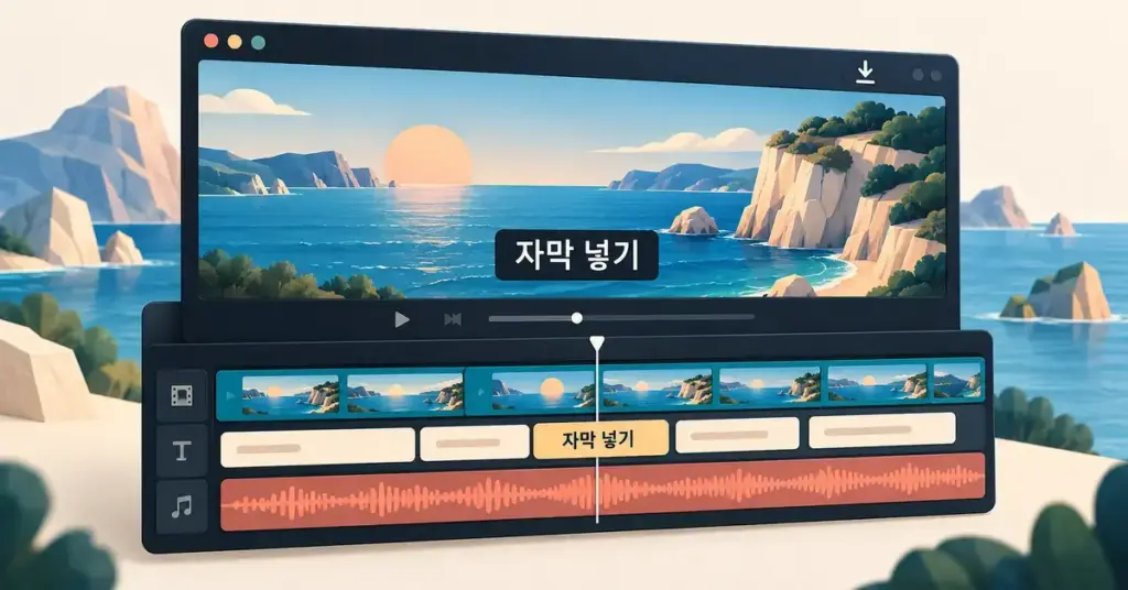 해안 풍경 영상에 ‘자막 넣기’ 문구를 적용하고 영상·자막·음성 트랙을 배치한 편집 화면 일러스트.